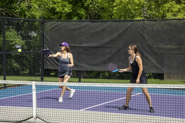 Two Pickleball Players Action Suburban Pickleball Court Summer — Photo