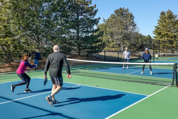 Two Players Approach Net Competitive Doubles Game Pickleball Group Men — Stock Photo, Image