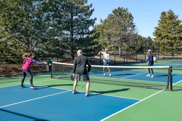 Player Hits Forehand Net Competitive Doubles Game Pickleball Group Men — Stock Photo, Image