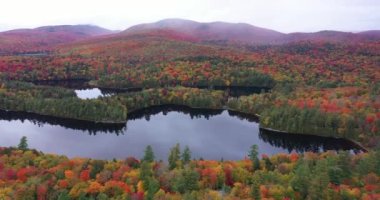 Adirondack Yorumlama Merkezi 'nin hava manzarası. New York' un kuzeyinde sonbahar boyunca sisli bir günde..