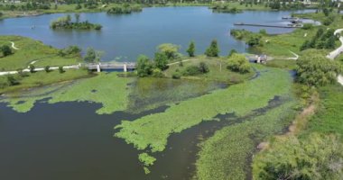 Glenview Gölü 'nün havadan görünüşü ve Glenview, Illinois' deki Glen Köprüsü..