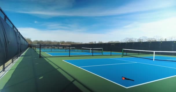 View New Pickleball Complex Paddle Orange Ball Blue Green Courts — Stock Video