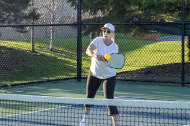 A female pickleball player returns a volley of a bright yellow ball at the net on a dedicated court at a public park. clipart