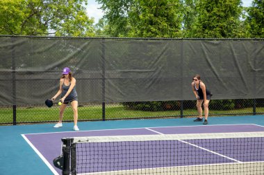 Bir picleball oyuncusu yaz aylarında sahada servis yapmaya hazırlanıyor..