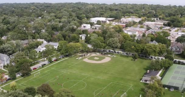 Aerial View Soccer Baseball Field Children Playing Downtown Section Glencoe — Stock Video