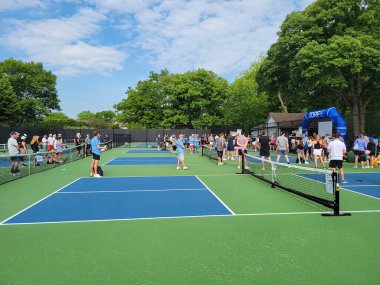 HIGHLAND PARK, IL, ABD - 10 Haziran 2023: JDRF (Juvenile Diabetes Research Foundation) için düzenlenen bir picleball turnuvası, erkekler, kadınlar ve çiftler maçının yer aldığı bir bağış toplama etkinliği olan 
