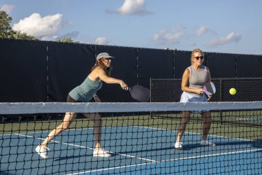 Dişi bir yankesicinin, partneri topu izlerken voleybol topu geri dönüyor..