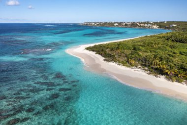 Sular boyunca hava manzarası, mercan resifi, palmiye ağaçları ve Anguilla adasındaki Shoal Bay Sahili kıyıları...
