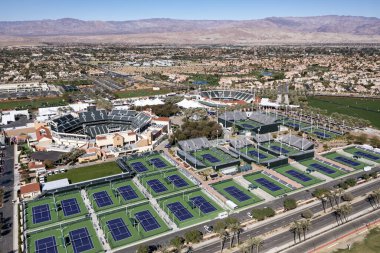 Aerial view of the stadium and hardcourts of the Indian Wells Tennis Garden where the BNP Paribas Open tennis tournament is played annually during March in California. clipart