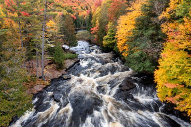 Sonbahar boyunca New York 'un kuzeyindeki Adirondacks' ta, Long Lake yakınlarında güzel sonbahar renkleriyle Buttermilk Şelaleleri 'nin hava manzarası..