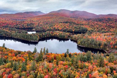 Adirondack Yorumlama Merkezi 'nin hava manzarası. New York' un kuzeyinde sonbahar boyunca sisli bir günde..