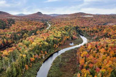 New York 'un kuzeyindeki Adirondack Park' taki Tupper Gölü yakınlarındaki Bog Nehri 'nin hava görüntüsü.