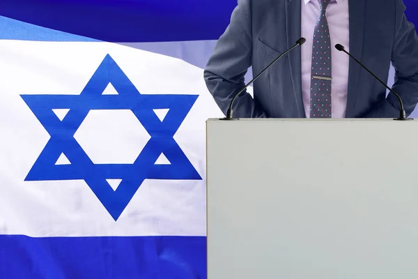 Tribun Med Mikrofon Och Man Kostym Israel Flagga Bakgrund Affärsman — Stockfoto