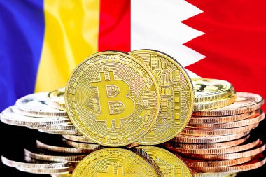 Bahreyn bayrağı ve Moldova arka planı üzerinde Bitcoins. Bahreyn ve Moldova 'daki kripto para birimi ve engelleme teknolojisi yatırımcıları için kavram