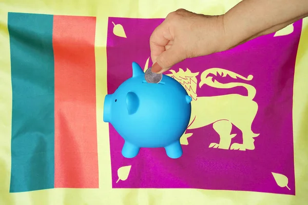 スリランカの国旗を背景に コインを貯金箱に入れる高齢女性の手 手は貯金箱にコインを入れる 退職金貯金 貯金箱 スリランカにおけるお金と退職金の節約 — ストック写真