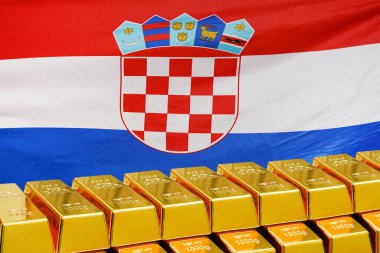 Hırvatistan 'ın arka planında altın külçeler parlıyor. İş ve finansal ülke rezervleri. Hırvatistan Cumhuriyeti 'nin altın rezervi ve altın fonu kavramı