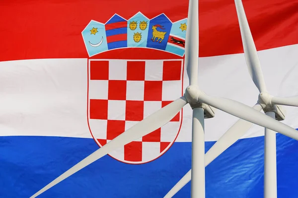 Dos Turbinas Eólicas Para Energía Alternativa Bandera Croacia Desarrollo Energético — Foto de Stock