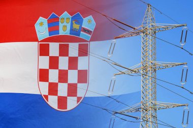 Elektrik direği arka planında Hırvatistan bayrağı. Hırvatistan 'da elektrik kesintisi ve enerji tüketiminin artması. Hırvatistan Cumhuriyeti 'nde enerji gelişimi ve enerji krizi