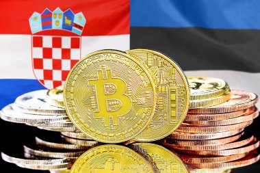 Hırvatistan ve Estonya 'nın bayraklarında Bitcoin' ler. Hırvatistan ve Estonya 'daki kripto para birimi ve engelleme teknolojisi yatırımcıları için kavram