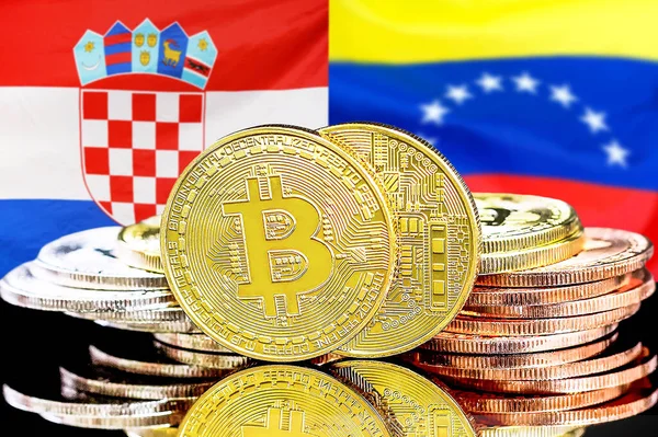 Bitcoins Flag Croatia Venezuela Background Concept Investors Cryptocurrency Blockchain Technology — Stock Photo, Image