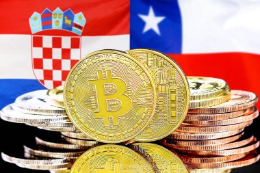 Hırvatistan ve Şili arkaplanının bayraklarında Bitcoin 'ler. Hırvatistan ve Şili 'deki kripto para birimi ve engelleme teknolojisi yatırımcıları için kavram