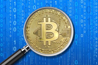 Sanal para birimi bitcoin 'i ikili kod arka planına odaklı büyüteç. Ülkelerde sanal para biriminin düzenlenmesi kavramı. Dijital para birimlerinin dolaşımının düzenlenmesi