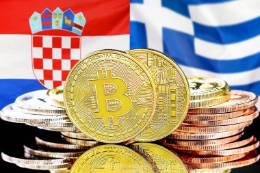 Hırvatistan ve Yunanistan 'ın bayraklarında Bitcoin' ler var. Hırvatistan ve Yunanistan 'daki kripto para birimi ve engelleme teknolojisi yatırımcıları için kavram