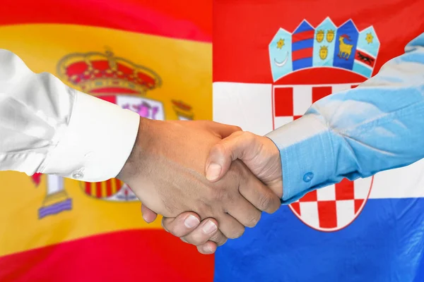 Business Handslag Bakgrunden Två Flaggor Män Handslag Bakgrund Spanien Och — Stockfoto