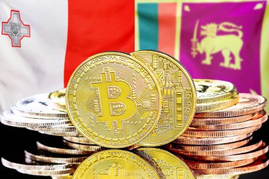 Malta ve Sri Lanka bayrağı arkaplanındaki bitcoinler. Malta ve Sri Lanka 'daki kripto para birimi ve engelleme teknolojisi yatırımcıları için kavram