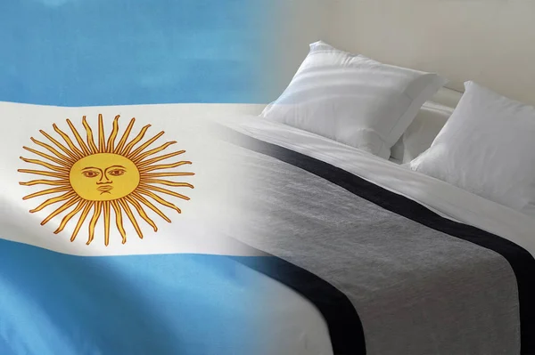 Hotel Bed Background Argentina Flag Tourism Hotel Business Argentina — Stock Photo, Image