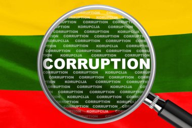 Büyüteç, Litvanya bayrağı arkaplanındaki yolsuzluk kelimesine odaklandı. Yolsuzluk ve Litvanya 'da başka bir mali konsept