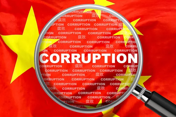 Magnifying glass focused on the word corruption on China flag background. Corruption and another financial concept in China