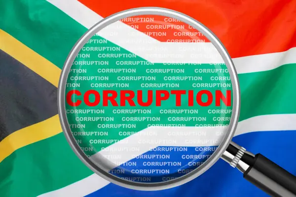 Lupa Centró Palabra Corrupción Fondo Bandera Sudáfrica Corrupción Otro Concepto — Foto de Stock