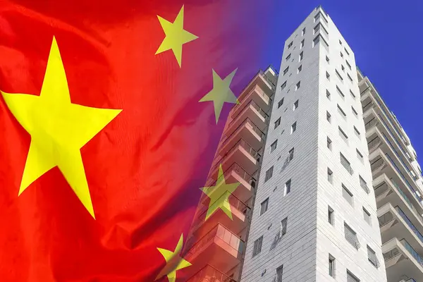 stock image Modern residential building on background of flag China. New apartment building on background of flag China. Realty concept and home buying or new apartment in China