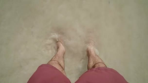 Dalgaları Çerçeveyi Yıkarken Insanoğlunun Pov Tropikal Plajın Yanındaki Suda Duruyor — Stok video