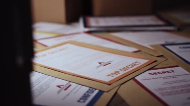 Çok gizli materyallerle dolu birçok zarf maruz kaldıktan sonra bir masada ya da katta bulunur. Çeşitli renk kodlu etiketler ve güvenlik izni için uyarılar. Çalıntı dosyalar sızdırılmış. Modern kapak sayfaları