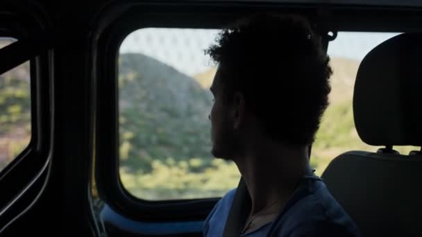 Young Traveler Silhouette Sits Van Bus Looks Window Ride Man Video Clip