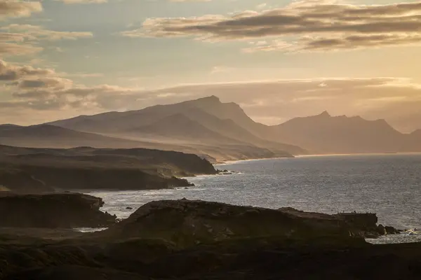 Zonsondergang Aan Westkust Van Fuerteventura Uitzicht Ondergaande Zon Open Zee — Stockfoto