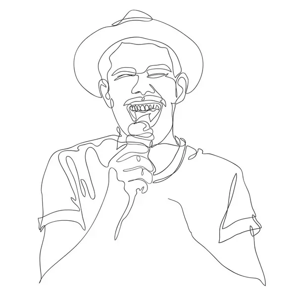 Line Art Young Man Hat Eating Happy Ice Cream Cone Stok Foto