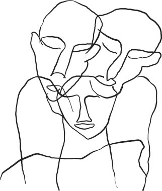 Modern soyut grafik tarzında portre, basit el resmi siyah ve beyaz. 