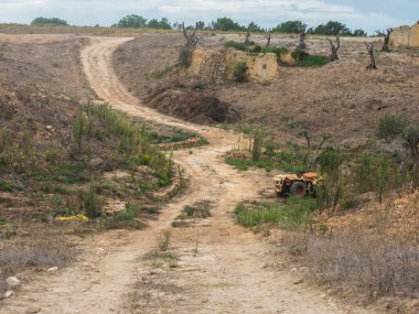 Terk edilmiş traktörü, harabeleri ve Portekiz 'in Ohexe kenti yakınlarındaki kuru ağaçlarıyla çıplak araziden geçen toprak yol. Bulutlu sonbahar günü.