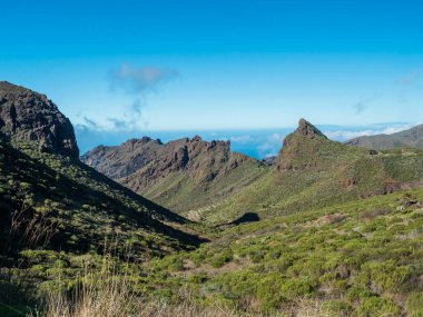 Dramatik yemyeşil resim vadisi. Keskin kaya oluşumlu manzara, tepeler ve uçurumlar dağ yolundan Masca köyüne doğru görünüyor. Tenerife, Kanarya Adaları, İspanya. Güneşli kış günü, mavi gökyüzü