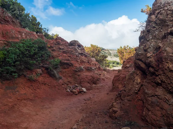 Path between vivid red volcanic rocks and dirt at hiking trail along a steep cliff in the Teno mountain range, Tenerife, Canary Islands, Spain, Europe. Sunny winter day.