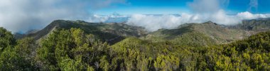 Baracan dağının panoramik manzarası. Yeşil orman, tepeler ve vadi teraslı tarlalar ve Las Portelas köyü Parkı kırsal kesim de Teno, Tenerife, Kanarya Adaları, İspanya. Güneşli gün, mavi gökyüzü.