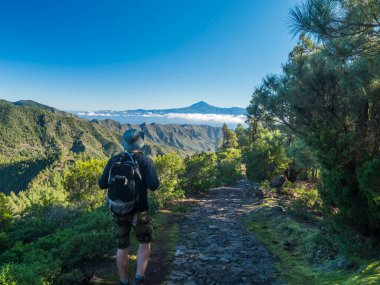 Garajonay Ulusal Parkı 'nda yürüyüş yapan adam Tenerife ve Pico de Teide' nin manzarasına hayran. Mirador de Roque Agando 'dan La Gomera' daki La Laja 'ya yürüyüş yolu, Kanarya Adaları, İspanya, Avrupa