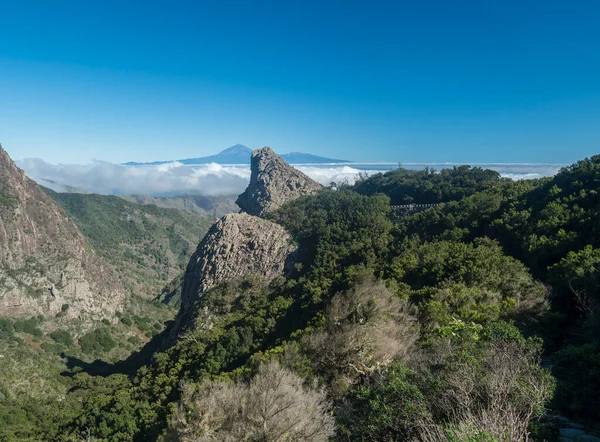 米拉多 拜伦德罗 Mirador Del Bailadero 与洛斯莱斯 特内里费岛和伏尔加诺 德泰德火山的火山岩形成景观 欧洲加那利群岛La Gomera的Garajonay国家公园 — 图库照片