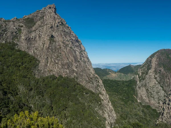 西班牙加那利群岛La Gomera Garajonay国家公园的Mirador Roque Agando与火山岩形成山脉Roque Zarcita和Roque Ojila的景观 — 图库照片
