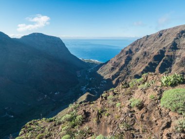 Mirador de la curva del queso 'dan hava görüntüsü. Valle Gran Rey 'in yeşil vadisi. Dağ kayalıkları, okyanus ve tarlaları olan renkli evler. La Gomera, Kanarya Adası, İspanya.