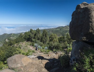 View of lush green vegetation, hills and atlantic ocean with lonely man hiker at hiking trail around Cruz de Gala peak, Teno mountain range, Tenerife, Canary Islands, Spain, Europe clipart