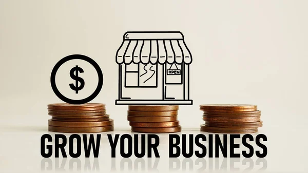 Grow your business is shown using a text and the photo of coins with the picture of shop